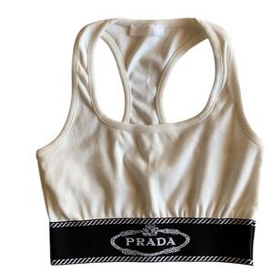 Prada Women's Cream Racerback Sports Bra with Black Logo Band